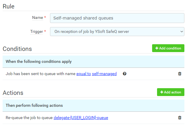 A rule in YSoft SafeQ for print job redirection to user's personal shared queue