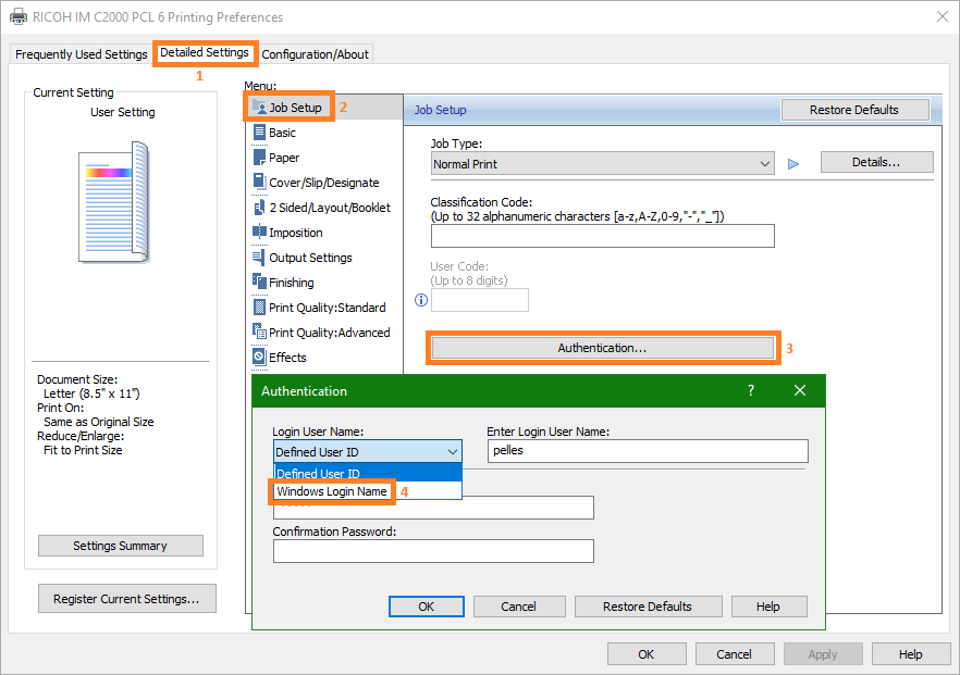 Setting authentication - Ricoh driver_marked.png