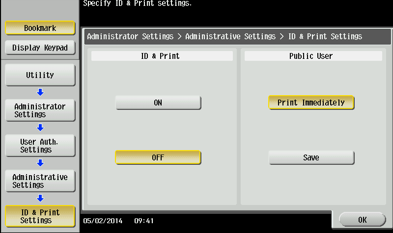 Konica Minolta - Disable the ID and print option on the MFD