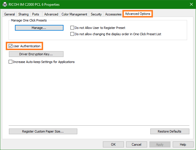 Setting authentication 2 - Ricoh driver_marked.png