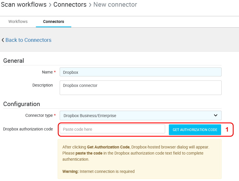 Drobox connector setup